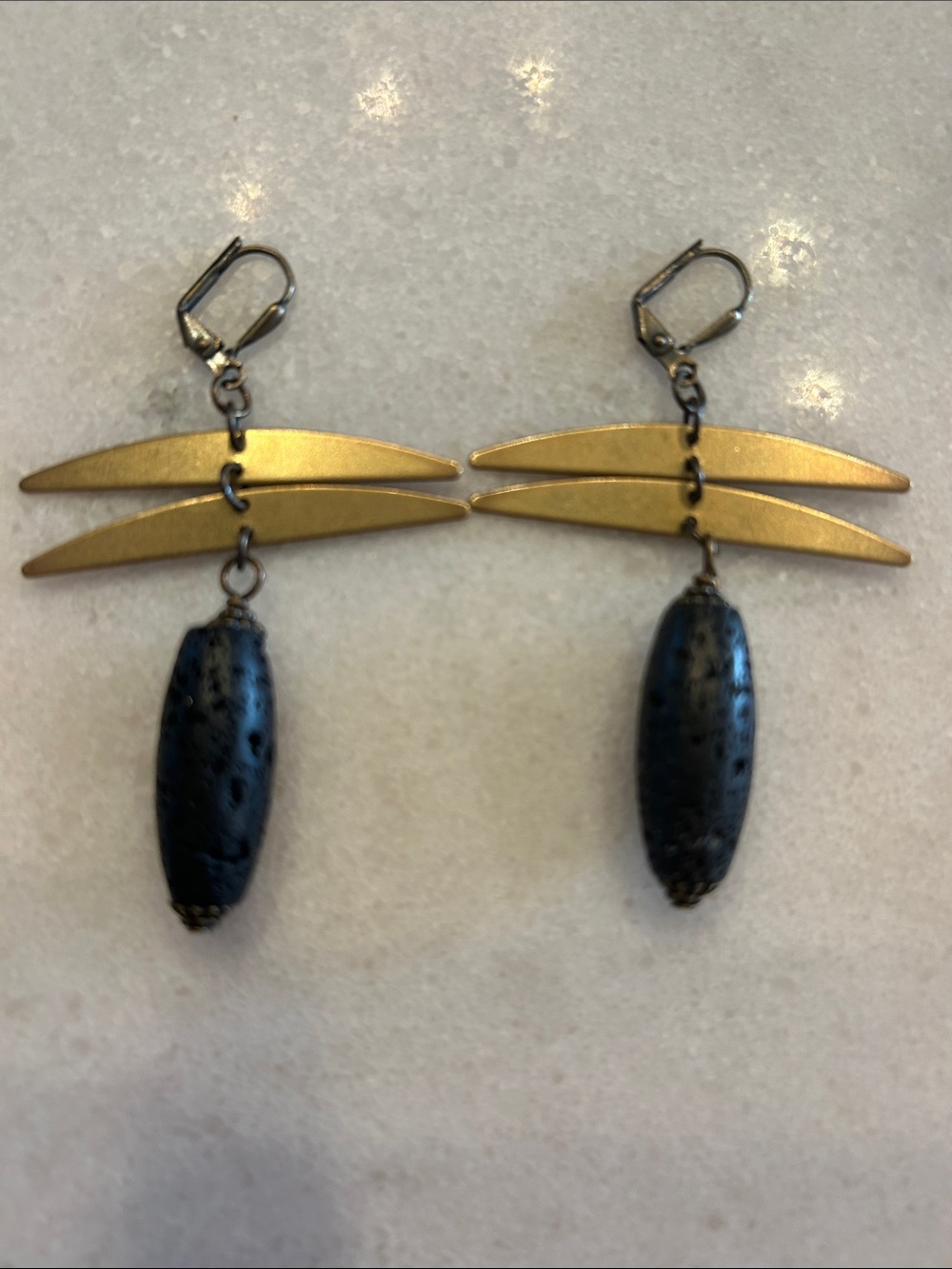 Brass Bar and Black Lava Drop Dangle Earrings